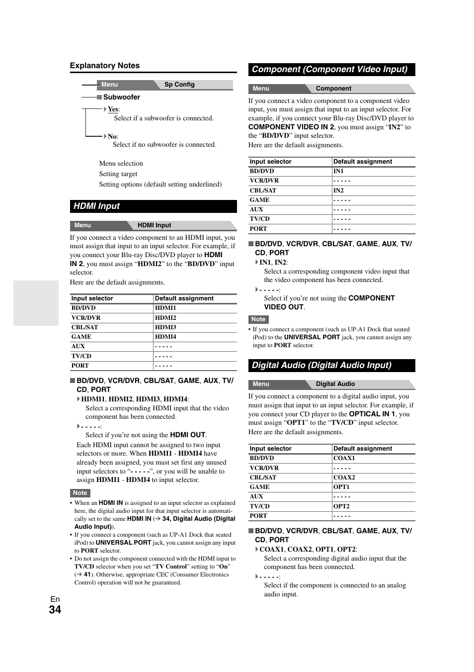 Hdmi input, Component (component video input), Digital audio (digital audio input) | Changed | Onkyo HT-S5300 User Manual | Page 34 / 64