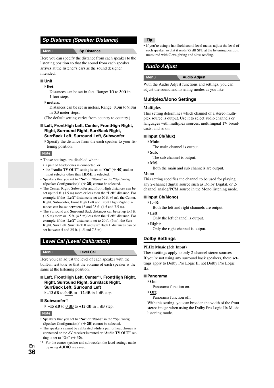 Sp distance (speaker distance), Level cal (level calibration), Audio adjust | Onkyo HT-S5300 User Manual | Page 36 / 64