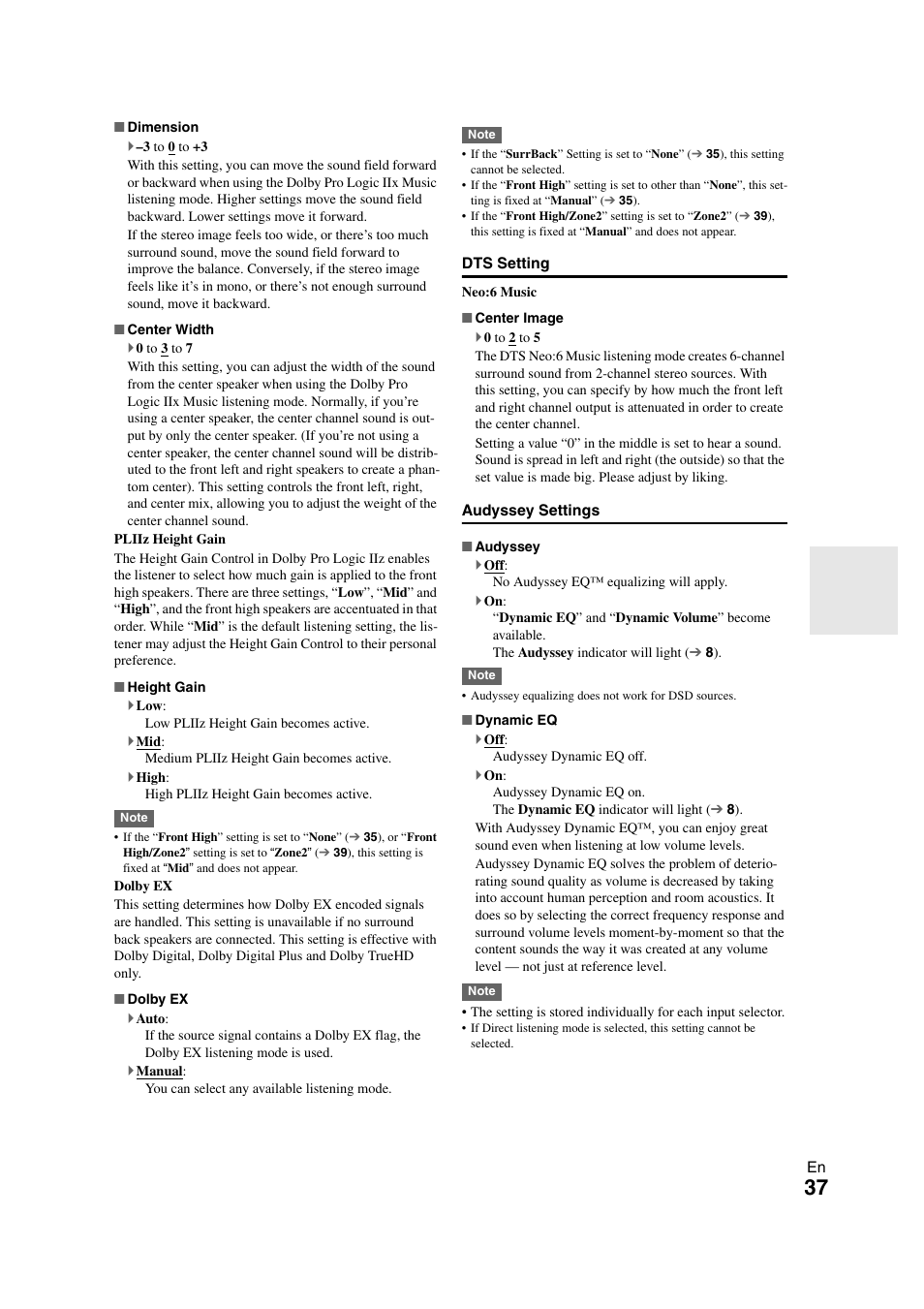 Audyssey settings | Onkyo HT-S5300 User Manual | Page 37 / 64