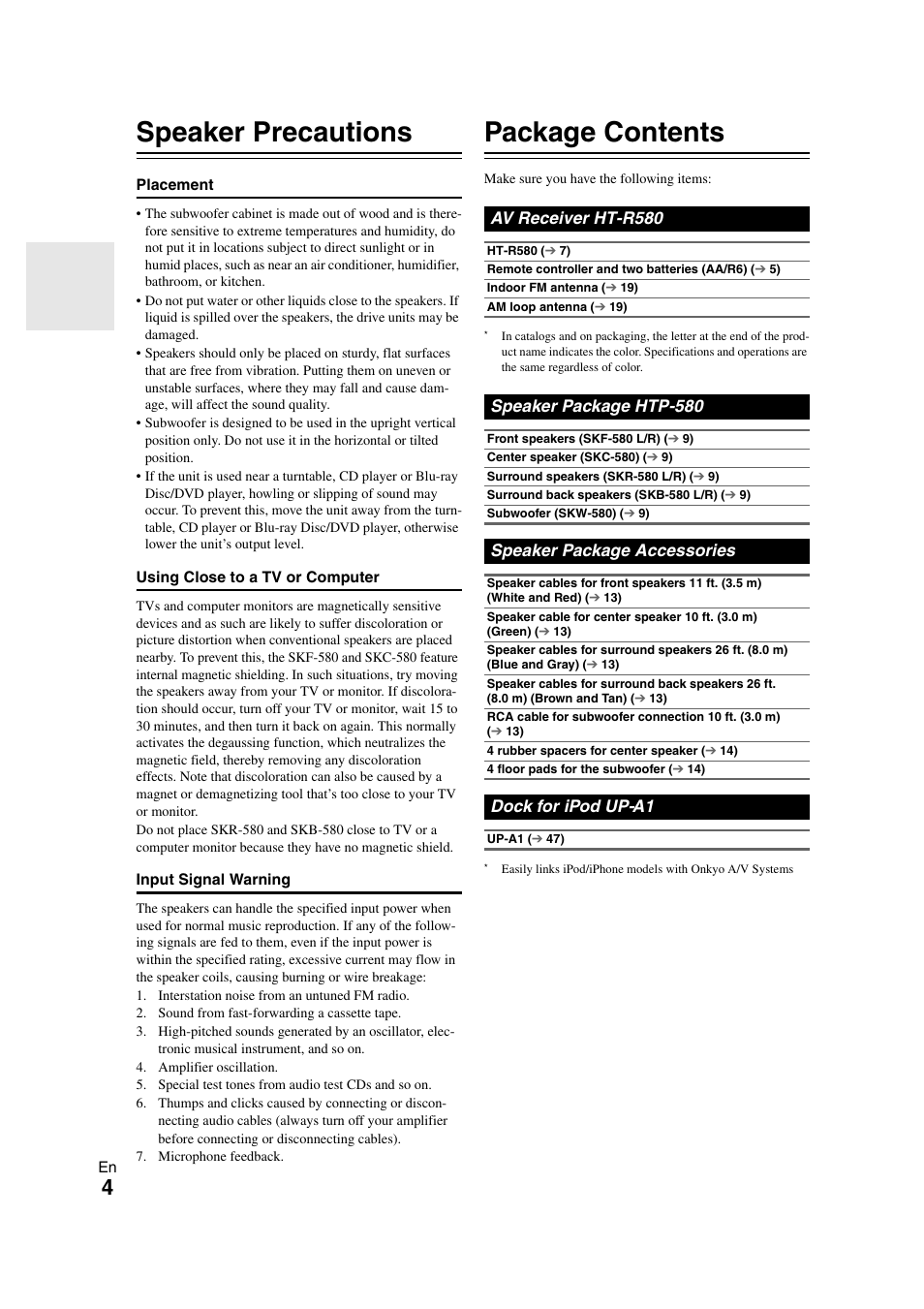 Speaker precautions, Package contents, Av receiver ht-r580 | Speaker package htp-580, Speaker package accessories, Dock for ipod up-a1 | Onkyo HT-S5300 User Manual | Page 4 / 64