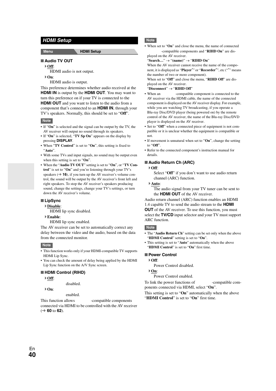 Hdmi setup, Cator | Onkyo HT-S5300 User Manual | Page 40 / 64