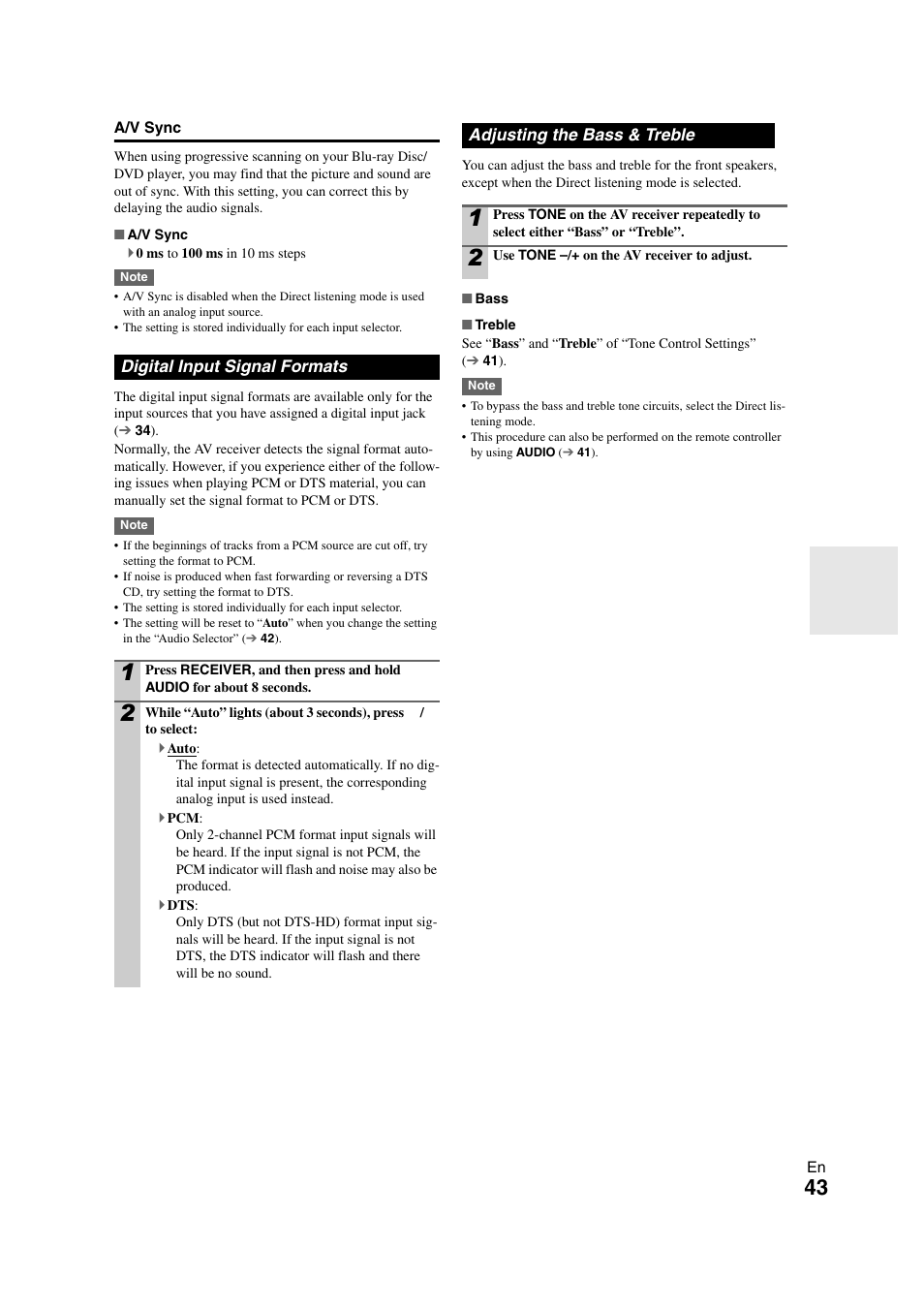 Digital input signal formats, Adjusting the bass & treble | Onkyo HT-S5300 User Manual | Page 43 / 64