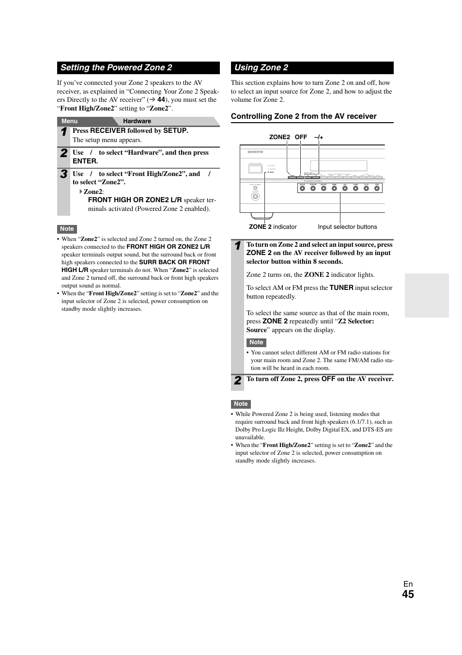 Setting the powered zone 2, Using zone 2, G used | 45 ), this setting cannot | Onkyo HT-S5300 User Manual | Page 45 / 64