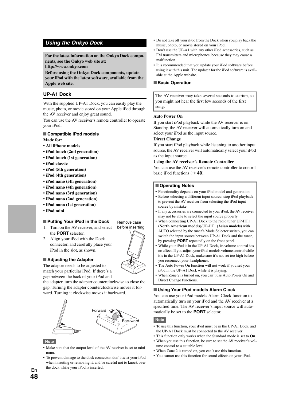 Using the onkyo dock | Onkyo HT-S5300 User Manual | Page 48 / 64