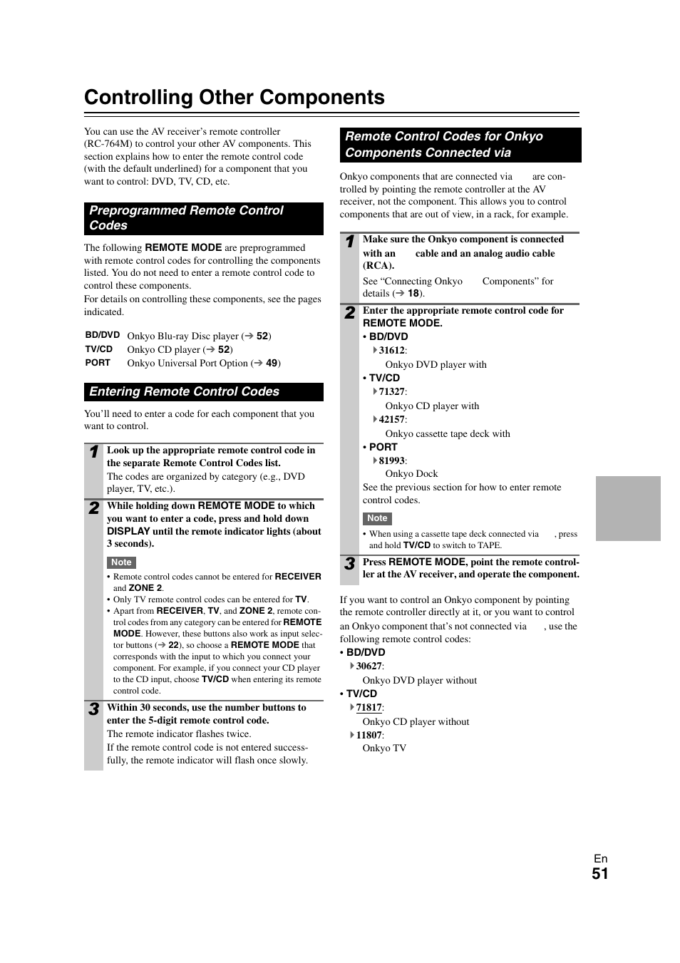 Controlling other components, Preprogrammed remote control codes, Entering remote control codes | E “entering remote control codes, Entering remote control codes” f, For details | Onkyo HT-S5300 User Manual | Page 51 / 64