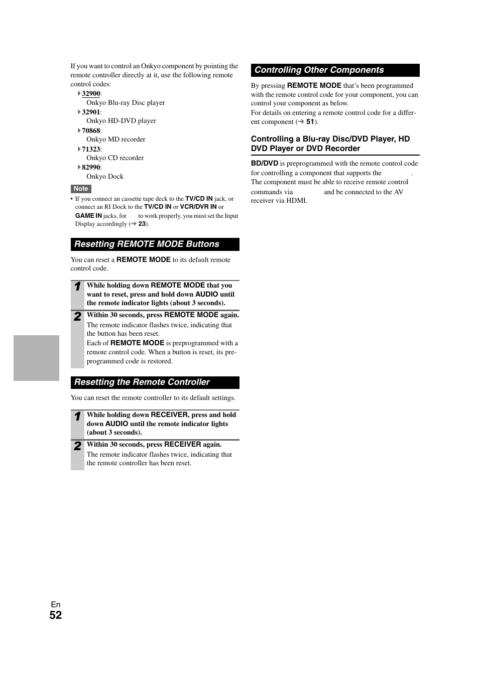 Resetting remote mode buttons, Resetting the remote controller, Controlling other components | Player | Onkyo HT-S5300 User Manual | Page 52 / 64