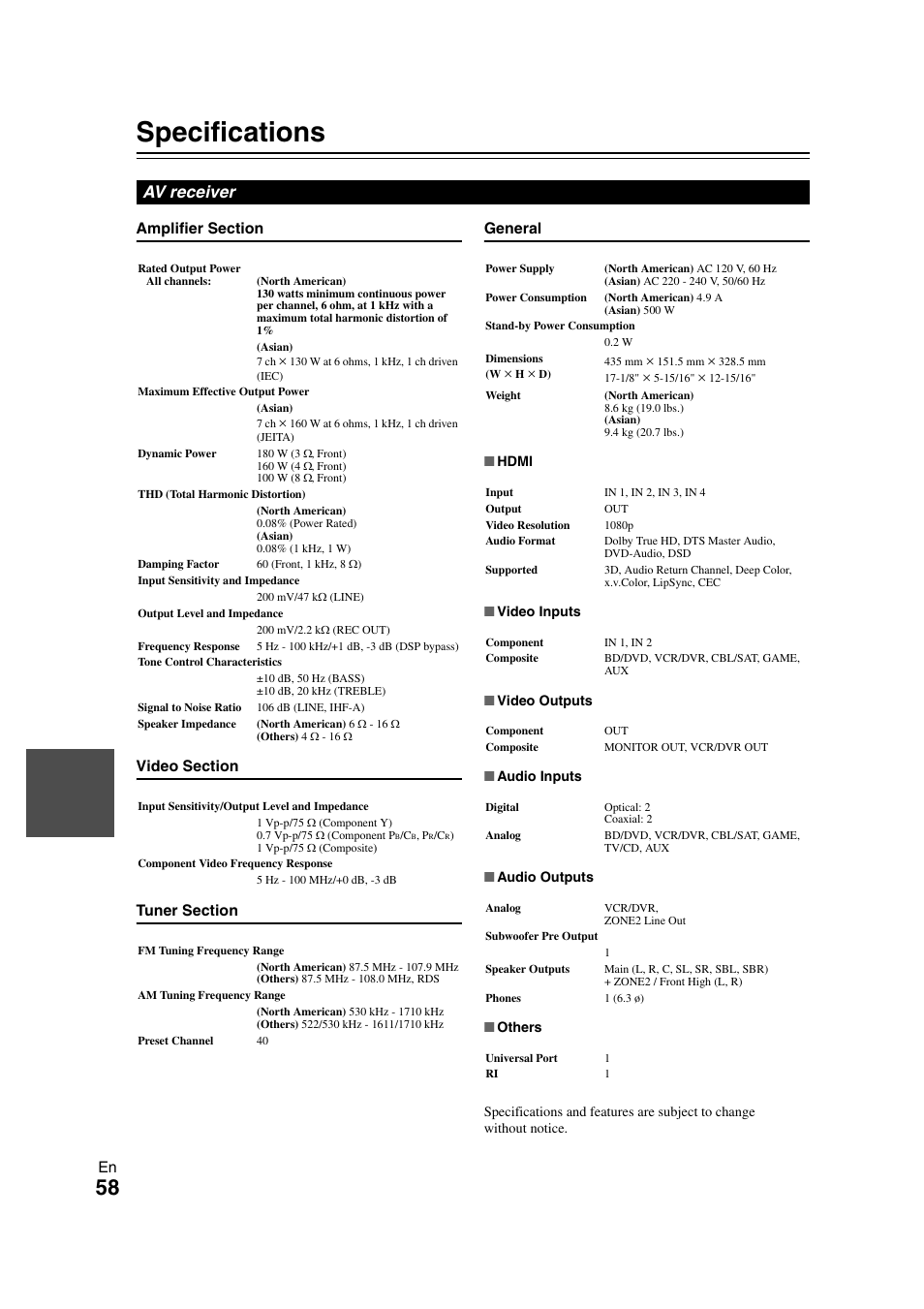 Specifications, Av receiver | Onkyo HT-S5300 User Manual | Page 58 / 64