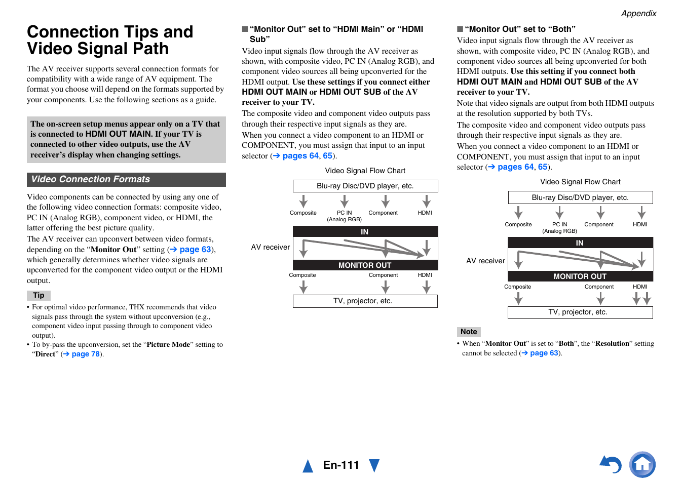 Connection tips and video signal path, Connection tips and video signal path” for, Video connection formats | Video connection formats” for more, Upconversion, E “connection tips and video signal path, Ee “connection tips and video signal path” fo, En-111 | Onkyo AV Receiver TX-NR5010 User Manual | Page 111 / 168