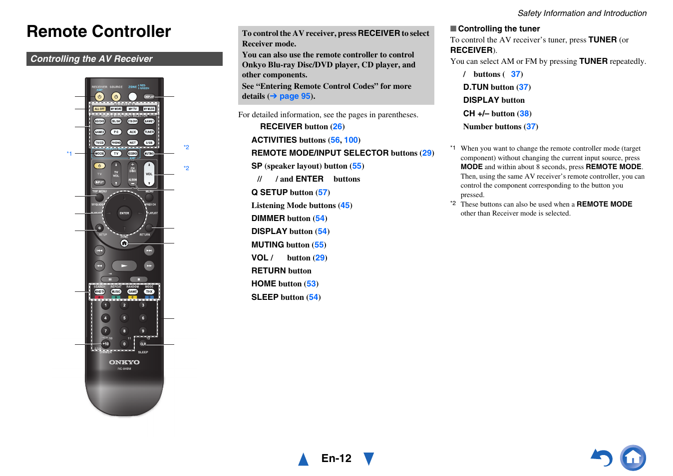 Remote controller, En-12 | Onkyo AV Receiver TX-NR5010 User Manual | Page 12 / 168