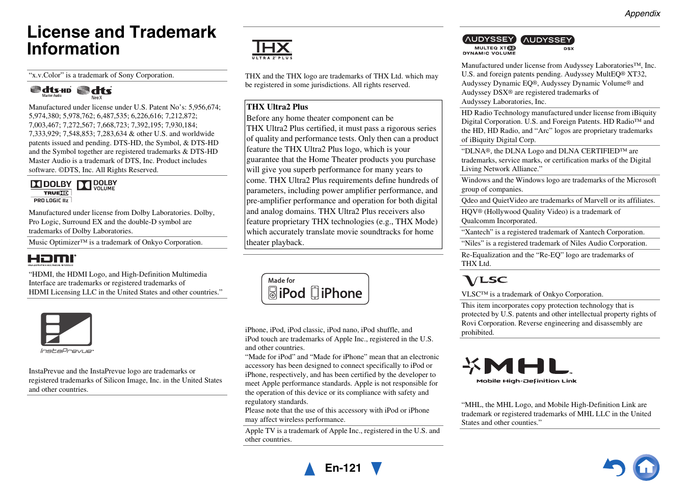 License and trademark information, En-121 | Onkyo AV Receiver TX-NR5010 User Manual | Page 121 / 168