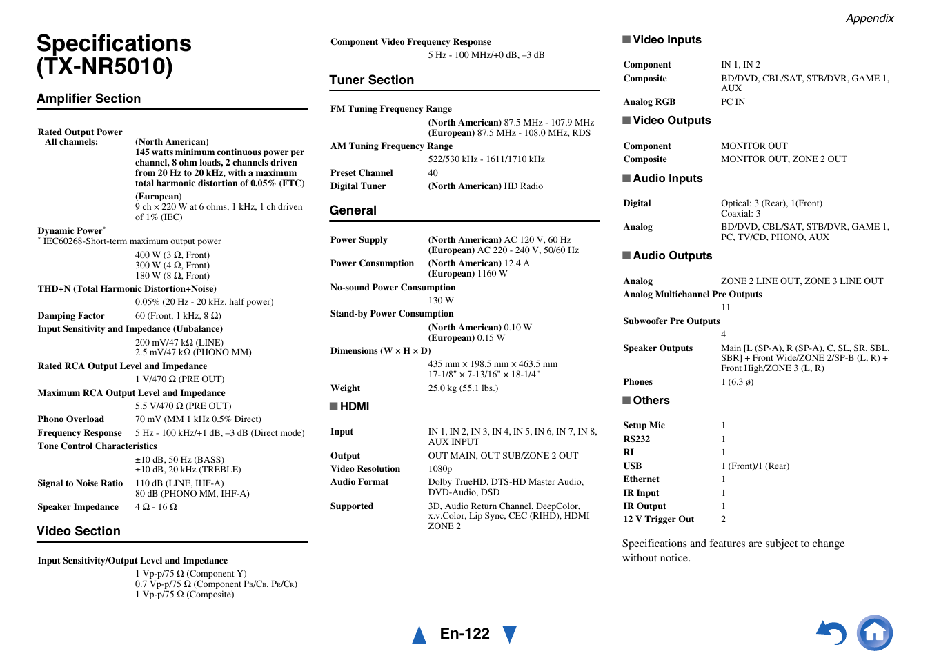 Specifications (tx-nr5010), Specifications, En-122 | Onkyo AV Receiver TX-NR5010 User Manual | Page 122 / 168