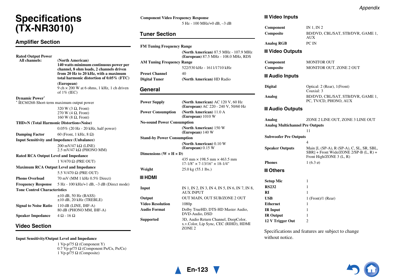 Specifications (tx-nr3010), En-123 | Onkyo AV Receiver TX-NR5010 User Manual | Page 123 / 168