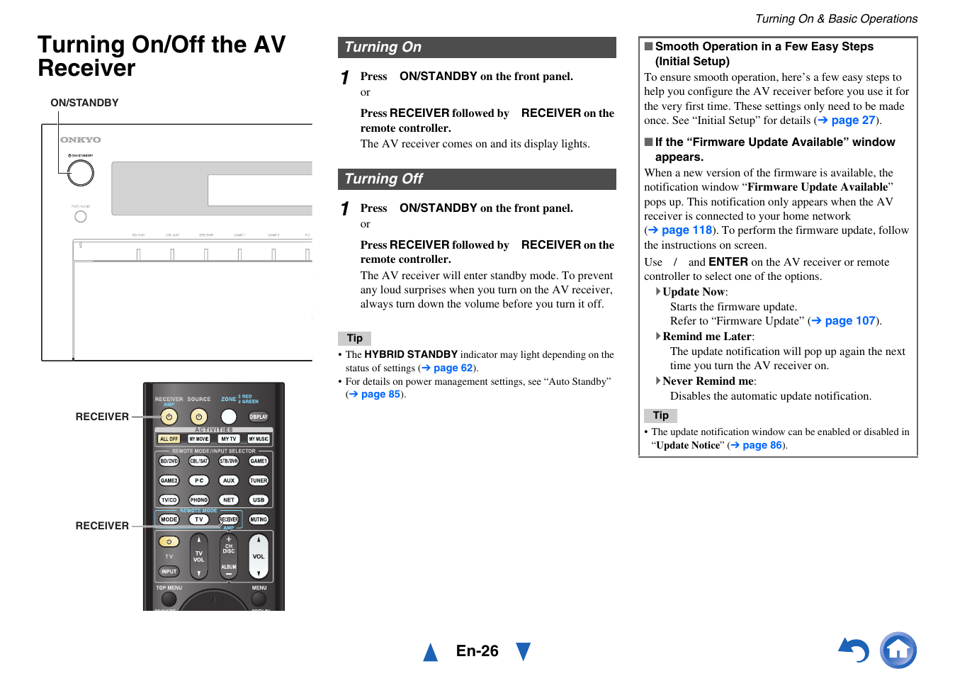 Turning on & basic operations, Turning on/off the av receiver, Turning on | Turning off, Turning on turning off, Button, En-26 | Onkyo AV Receiver TX-NR5010 User Manual | Page 26 / 168