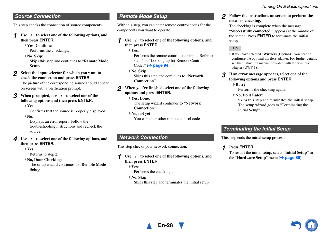 Source connection, Remote mode setup, Network connection | Terminating the initial setup | Onkyo AV Receiver TX-NR5010 User Manual | Page 28 / 168