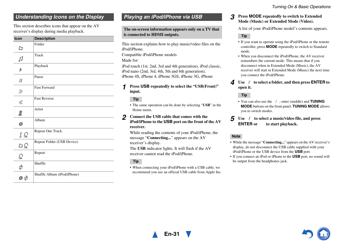 Understanding icons on the display, Playing an ipod/iphone via usb, En-31 | Onkyo AV Receiver TX-NR5010 User Manual | Page 31 / 168