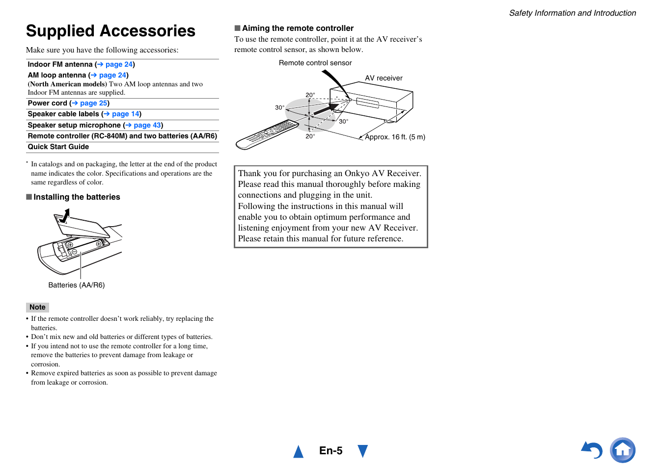 Supplied accessories, En-5 | Onkyo AV Receiver TX-NR5010 User Manual | Page 5 / 168