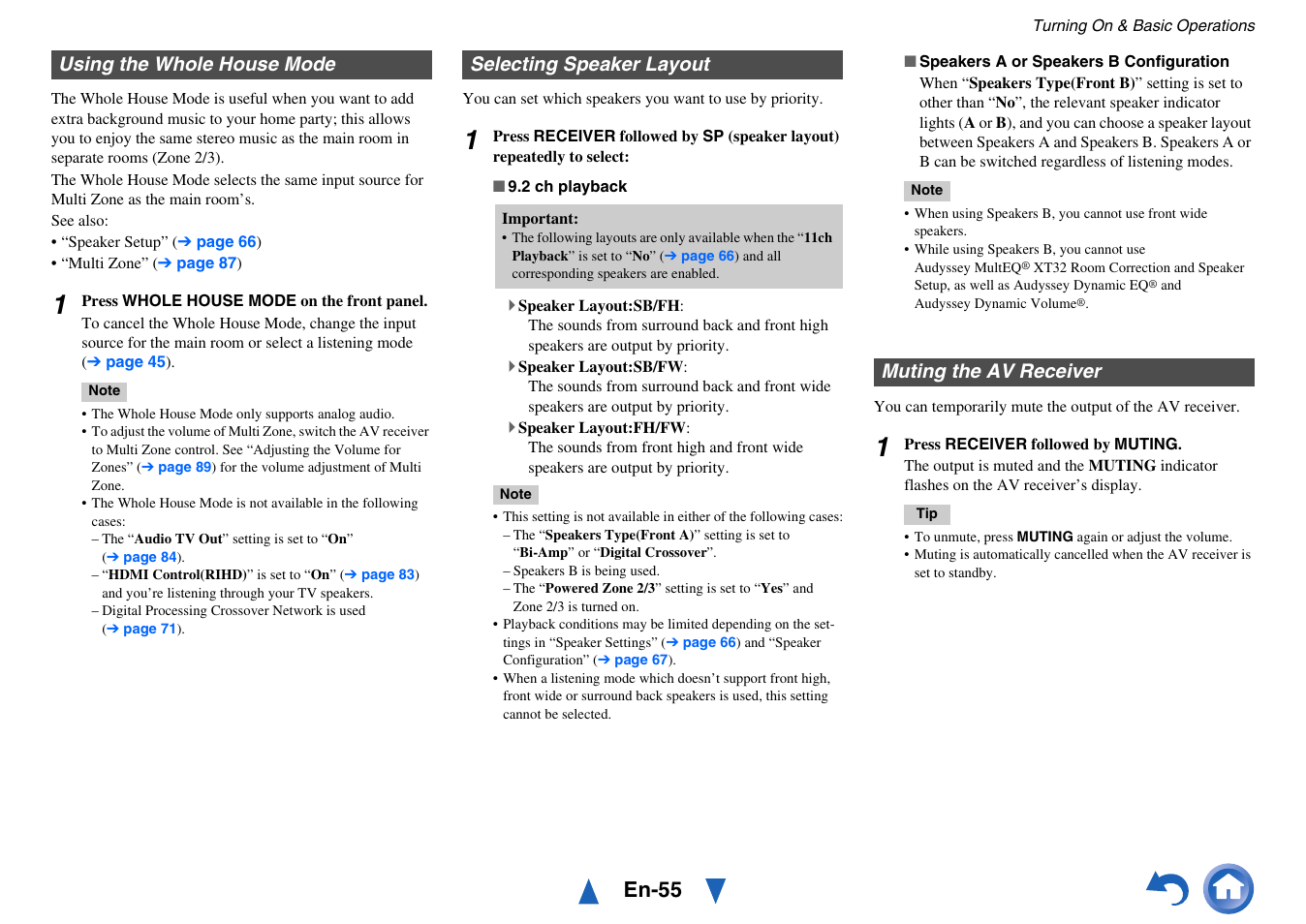 Using the whole house mode, Selecting speaker layout, Muting the av receiver | See “selecting speaker layout, En-55 | Onkyo AV Receiver TX-NR5010 User Manual | Page 55 / 168