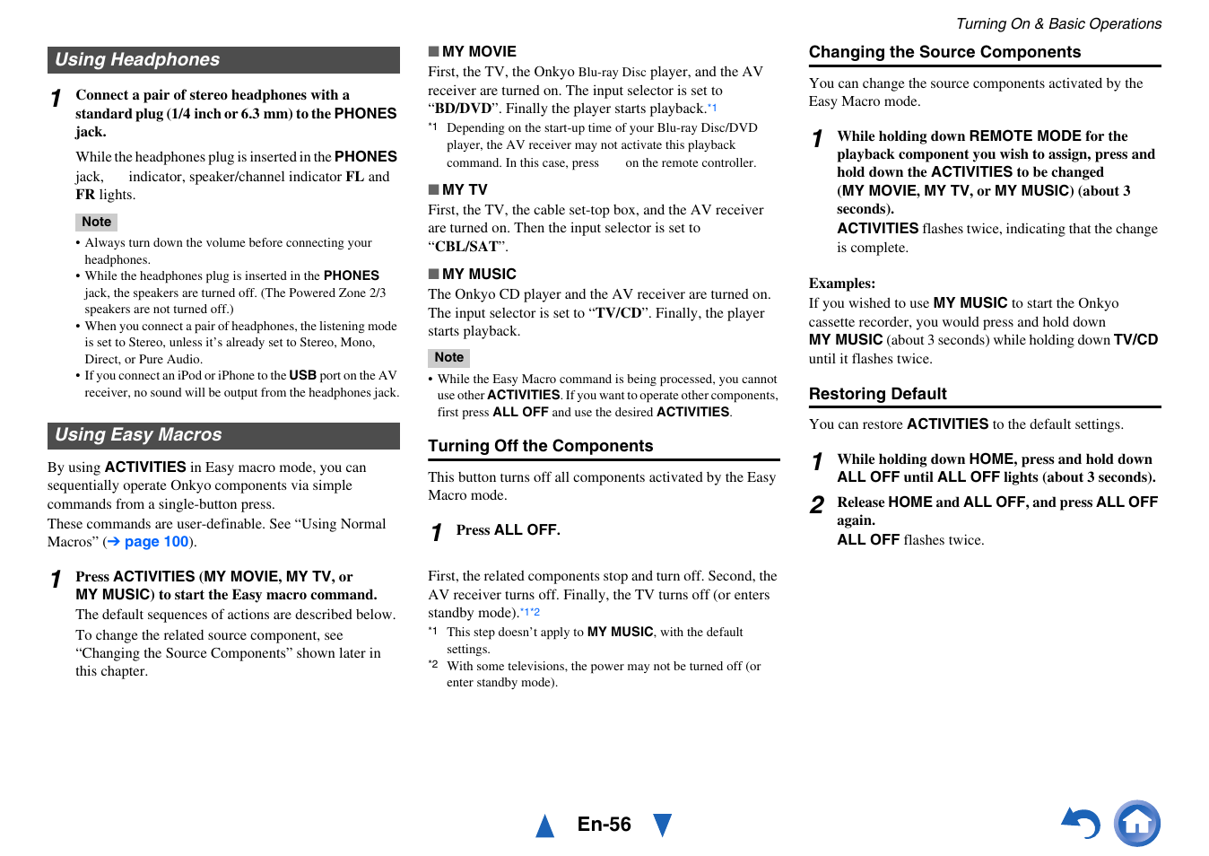 Using headphones, Using easy macros, Using headphones using easy macros | Jack, En-56 | Onkyo AV Receiver TX-NR5010 User Manual | Page 56 / 168