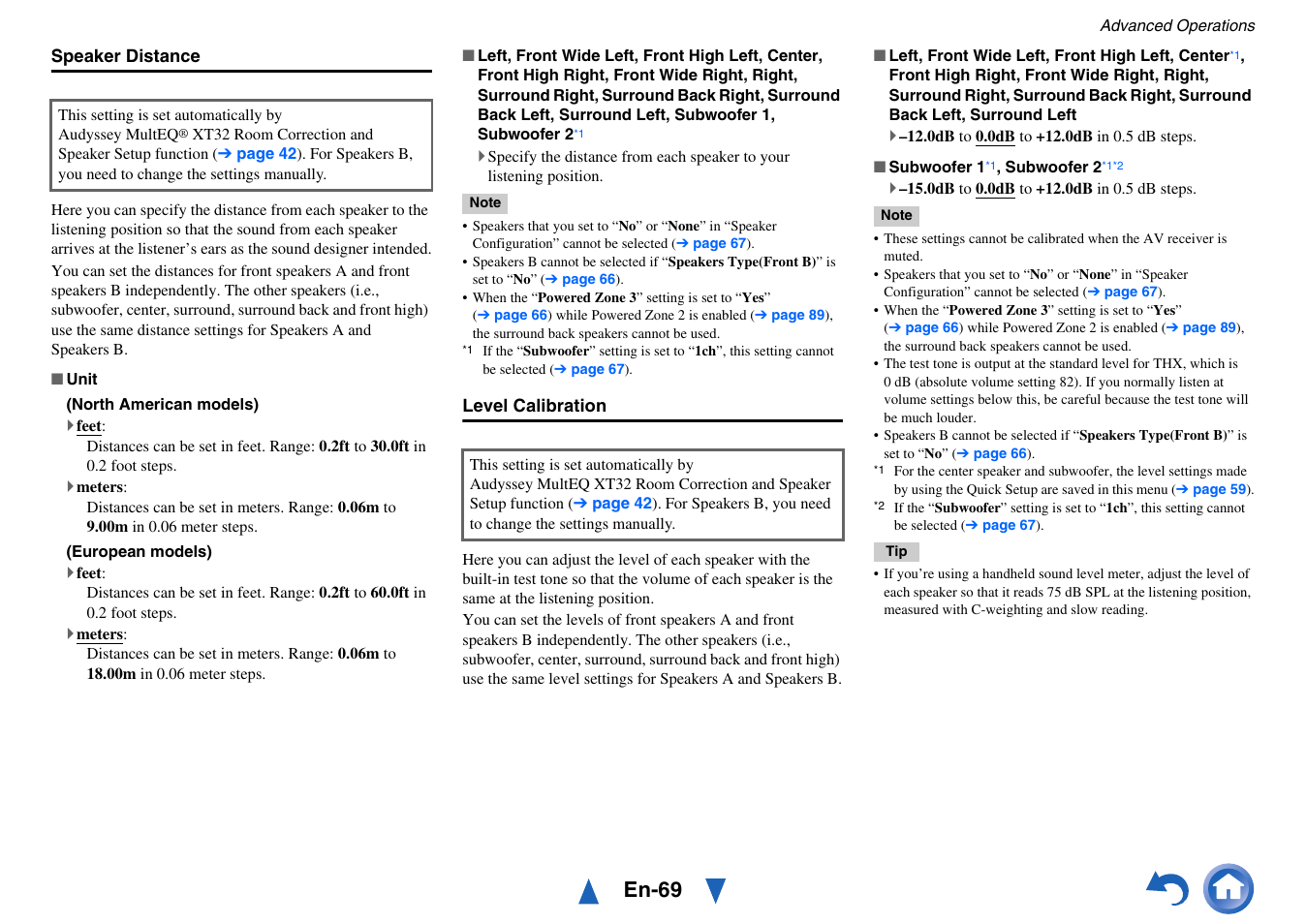 Speaker distance, Level calibration, Go to “level calibration | En-69 | Onkyo AV Receiver TX-NR5010 User Manual | Page 69 / 168