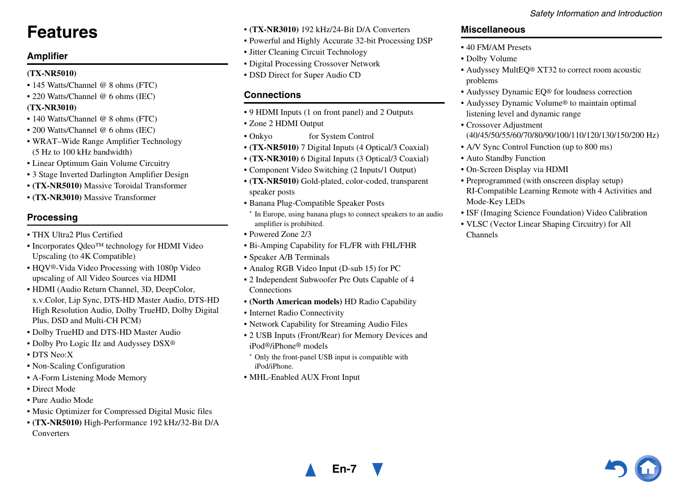 Features, En-7 | Onkyo AV Receiver TX-NR5010 User Manual | Page 7 / 168