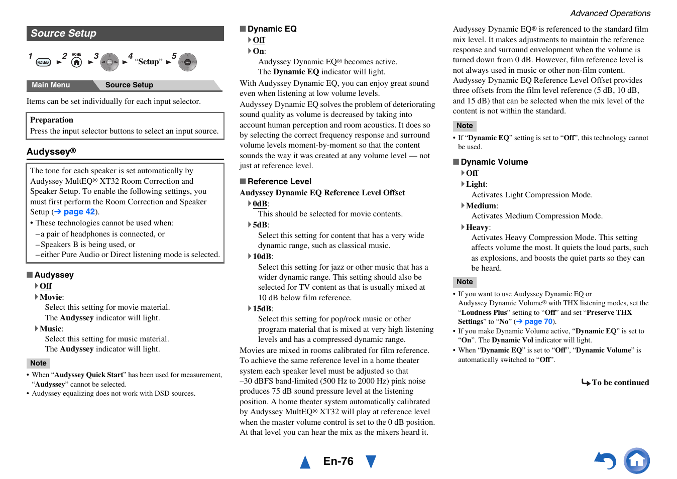 Source setup, Audyssey, Dynamic eq | Dynamic volume, See “audyssey” in “source setup, See “dynamic eq” in “source setup, E “dynamic volume” in “source setup, En-76 | Onkyo AV Receiver TX-NR5010 User Manual | Page 76 / 168