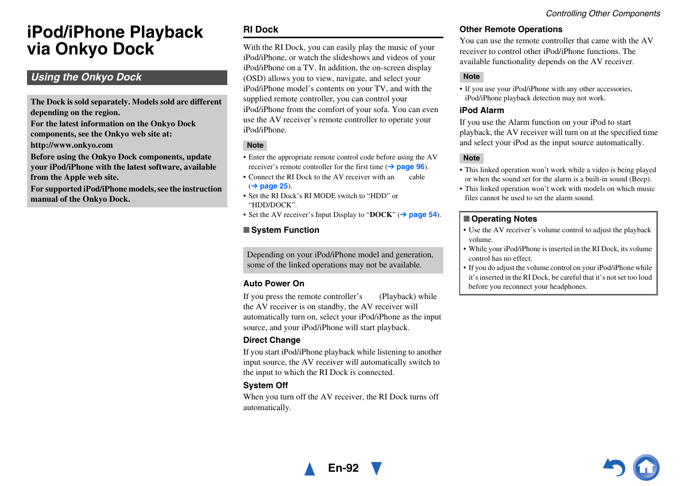 Controlling other components, Ipod/iphone playback via onkyo dock, Using the onkyo dock | En-92 | Onkyo AV Receiver TX-NR5010 User Manual | Page 92 / 168