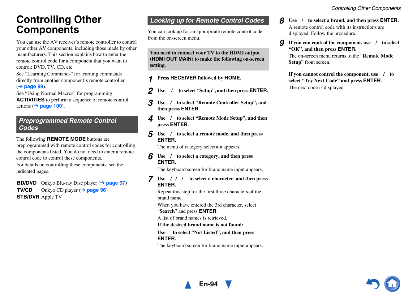 Controlling other components, Preprogrammed remote control codes, Looking up for remote control codes | Step 5 of “looking up for remote control codes, See “looking up for remote control codes | Onkyo AV Receiver TX-NR5010 User Manual | Page 94 / 168