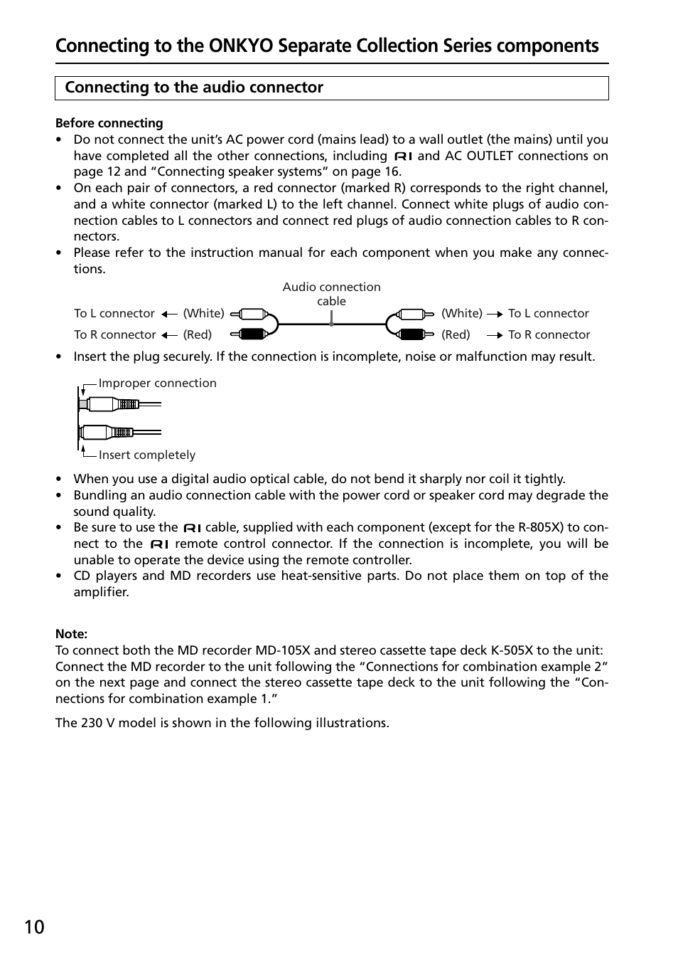 Connecting to the audio connector | Onkyo R-805X User Manual | Page 10 / 52