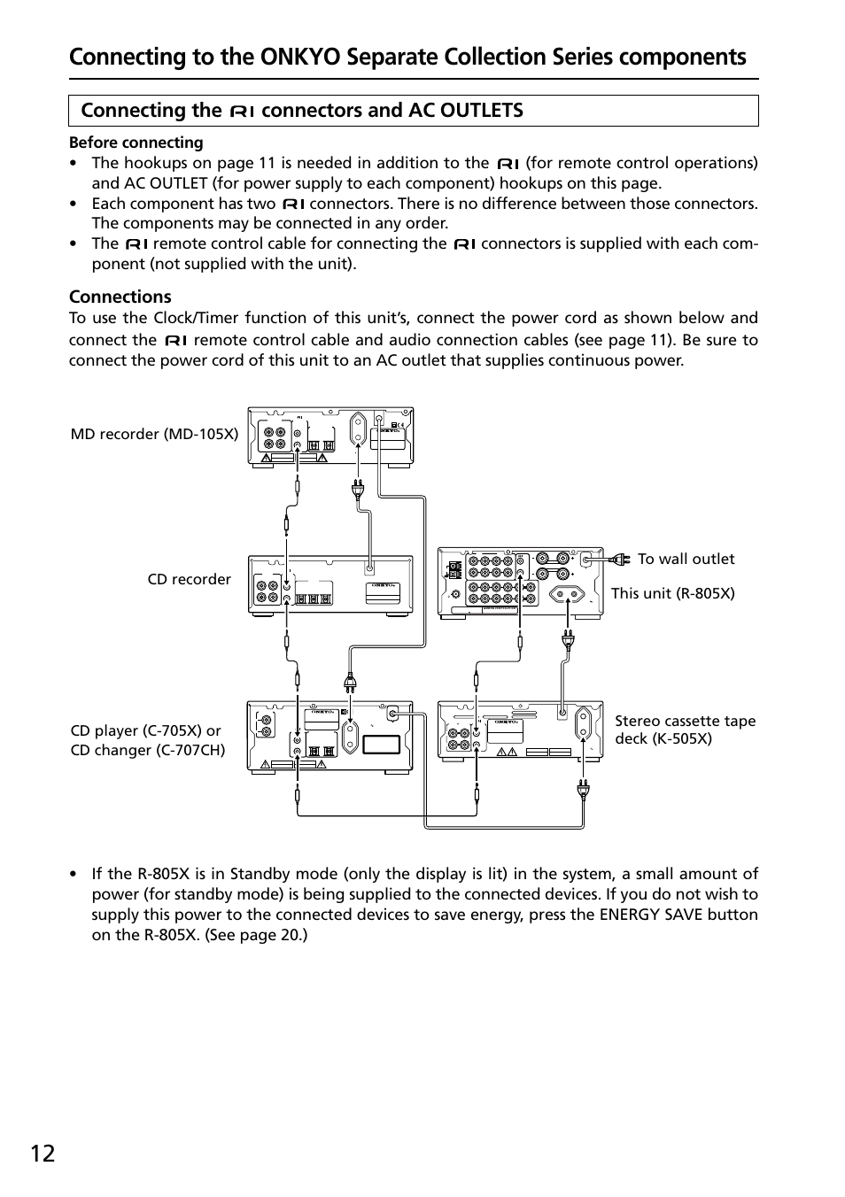 Connecting the connectors and ac outlets, Connections | Onkyo R-805X User Manual | Page 12 / 52
