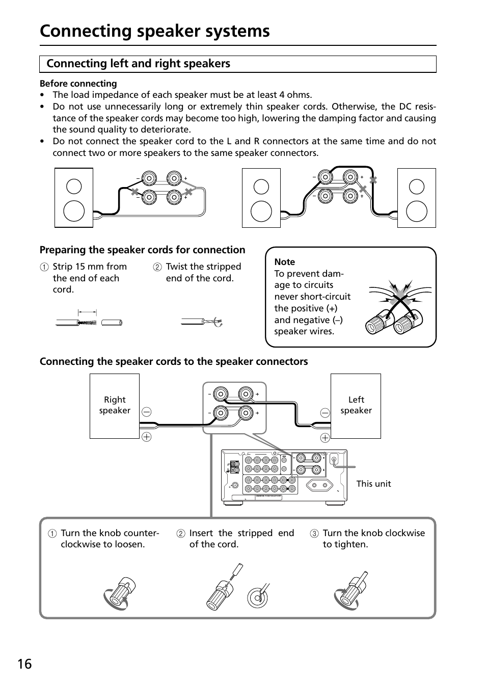 Connecting speaker systems, Connecting left and right speakers, Preparing the speaker cords for connection | 2 twist the stripped end of the cord, Right speaker left speaker this unit | Onkyo R-805X User Manual | Page 16 / 52
