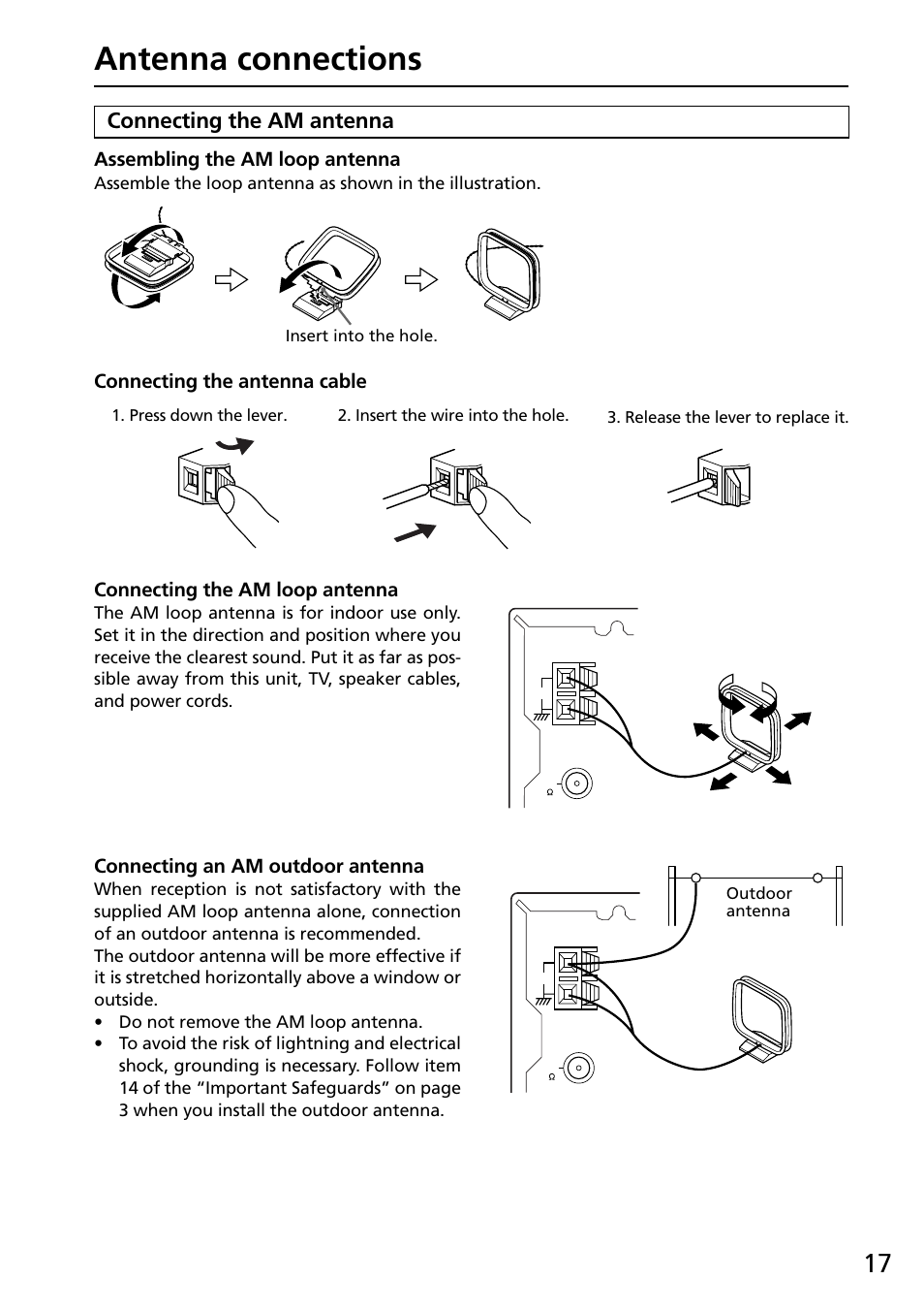 Antenna connections, Connecting the am antenna, Assembling the am loop antenna | Connecting the antenna cable, Connecting the am loop antenna, Connecting an am outdoor antenna | Onkyo R-805X User Manual | Page 17 / 52