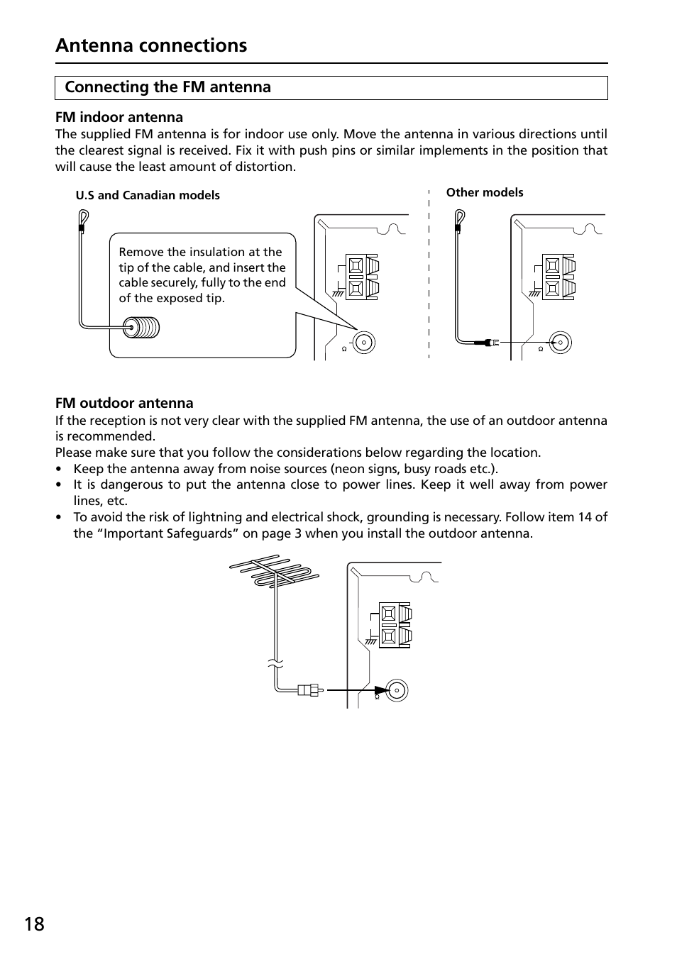 Connecting the fm antenna, Fm indoor antenna, Fm outdoor antenna | 18 antenna connections | Onkyo R-805X User Manual | Page 18 / 52