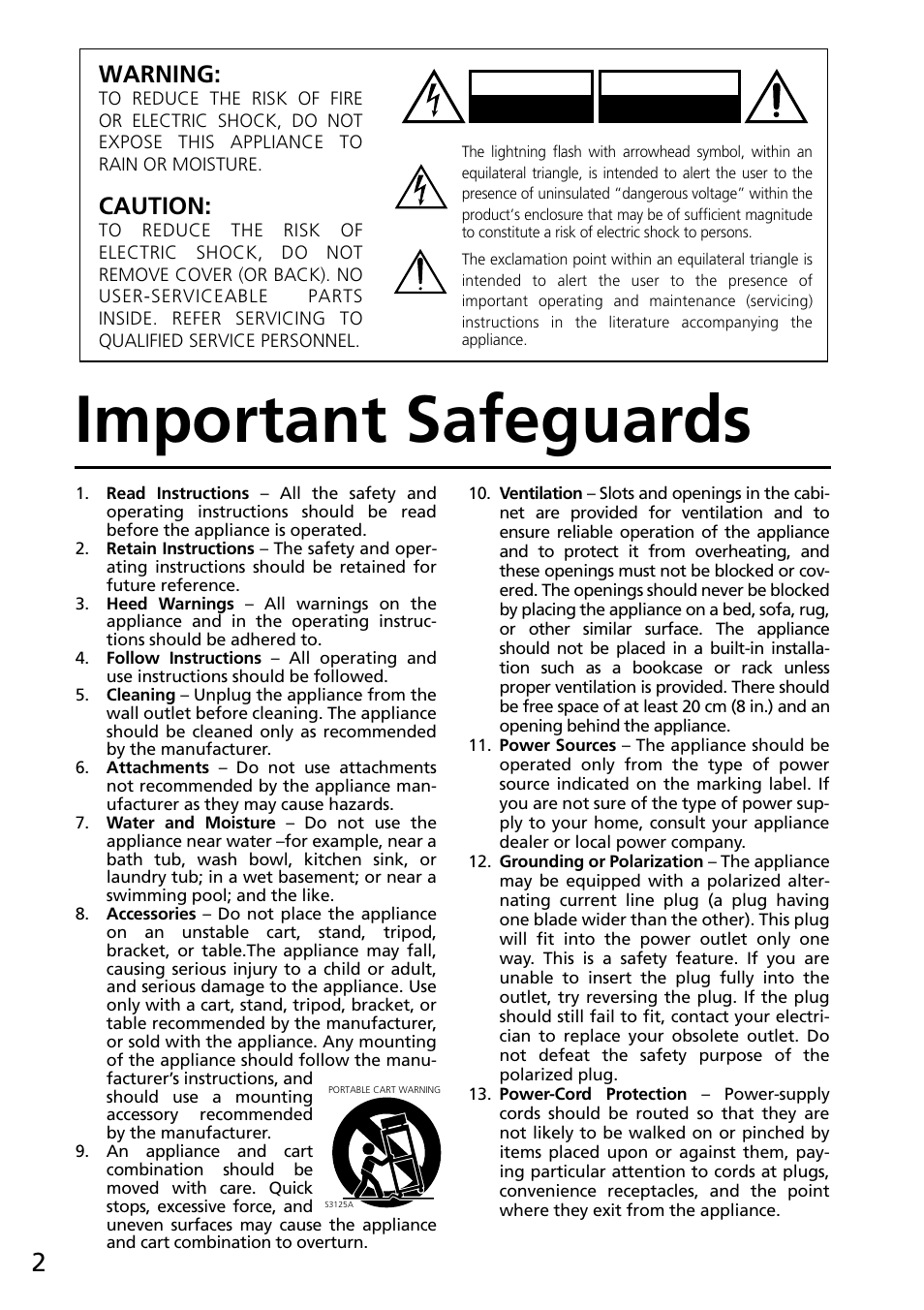 Important safeguards, Warning, Caution | Onkyo R-805X User Manual | Page 2 / 52