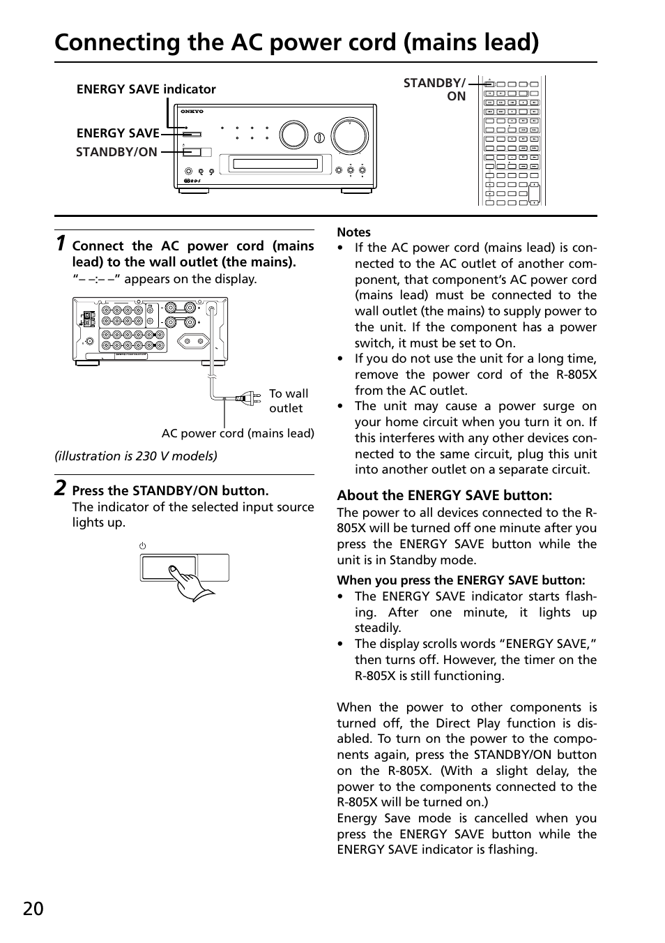 Connecting the ac power cord (mains lead), About the energy save button, Press the standby/on button | Standby/on, Standby/ on energy save indicator energy save, Standby / on | Onkyo R-805X User Manual | Page 20 / 52