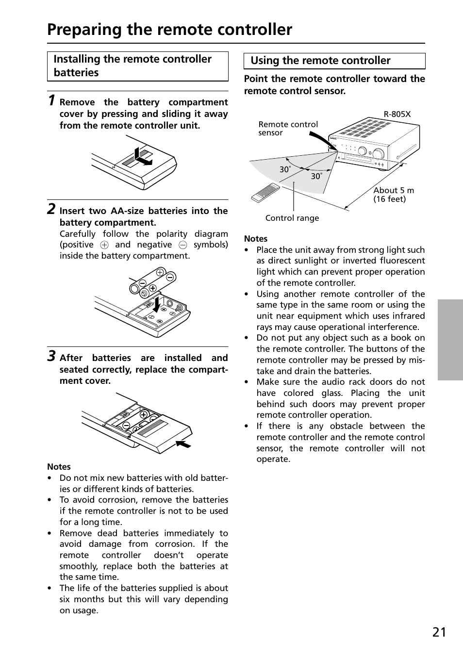 Preparing the remote controller, Installing the remote controller batteries, Using the remote controller | Onkyo R-805X User Manual | Page 21 / 52