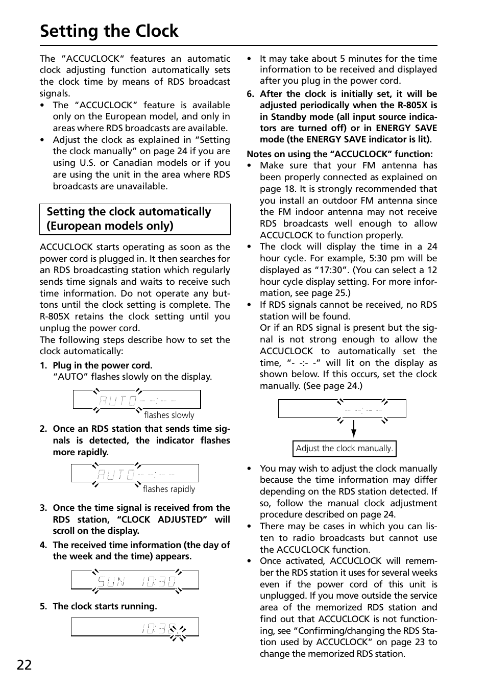 Setting the clock | Onkyo R-805X User Manual | Page 22 / 52