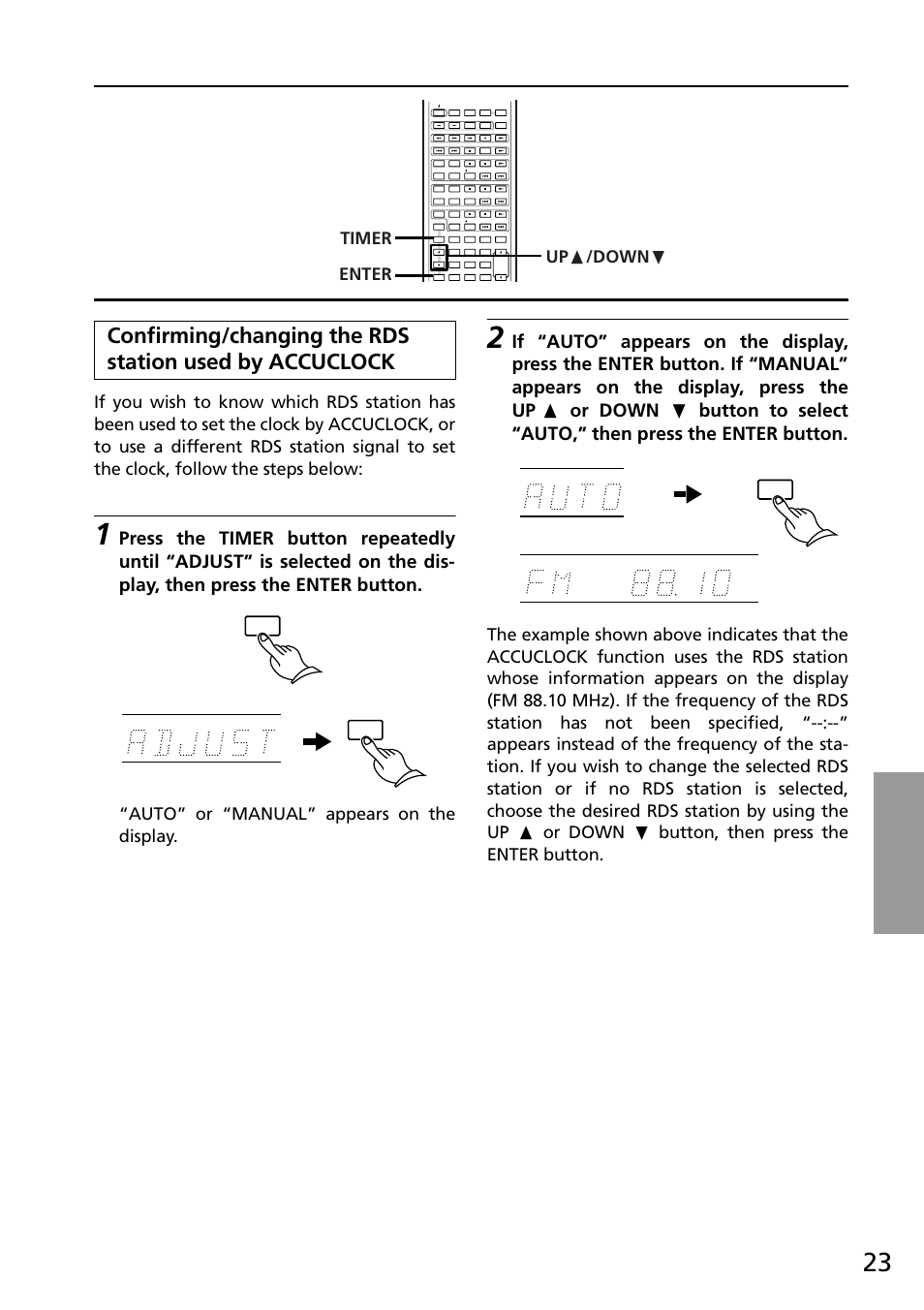 Auto” or “manual” appears on the display, Timer up π /down † enter | Onkyo R-805X User Manual | Page 23 / 52