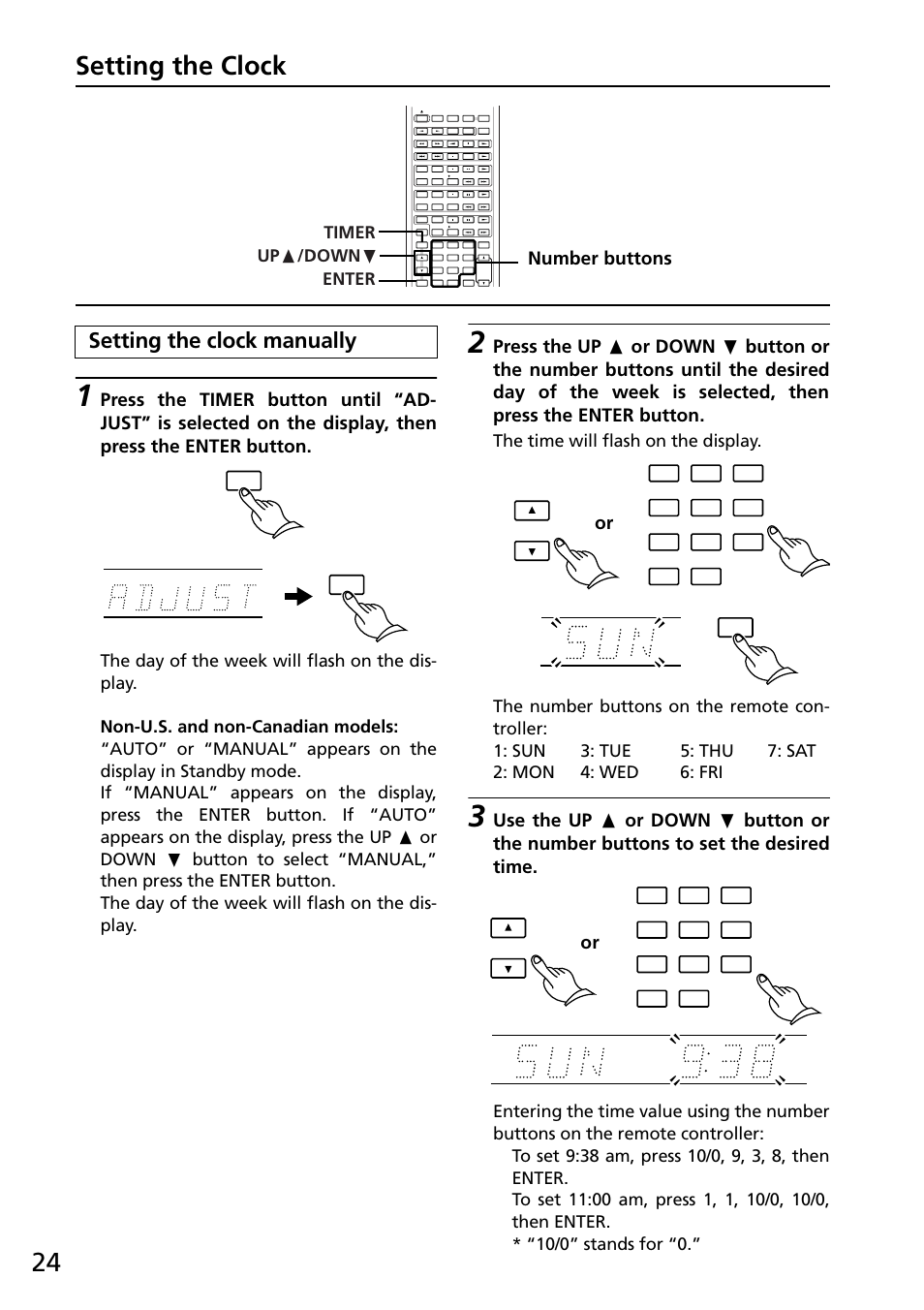 Setting the clock manually, 24 setting the clock, Number buttons | Timer up π /down † enter | Onkyo R-805X User Manual | Page 24 / 52