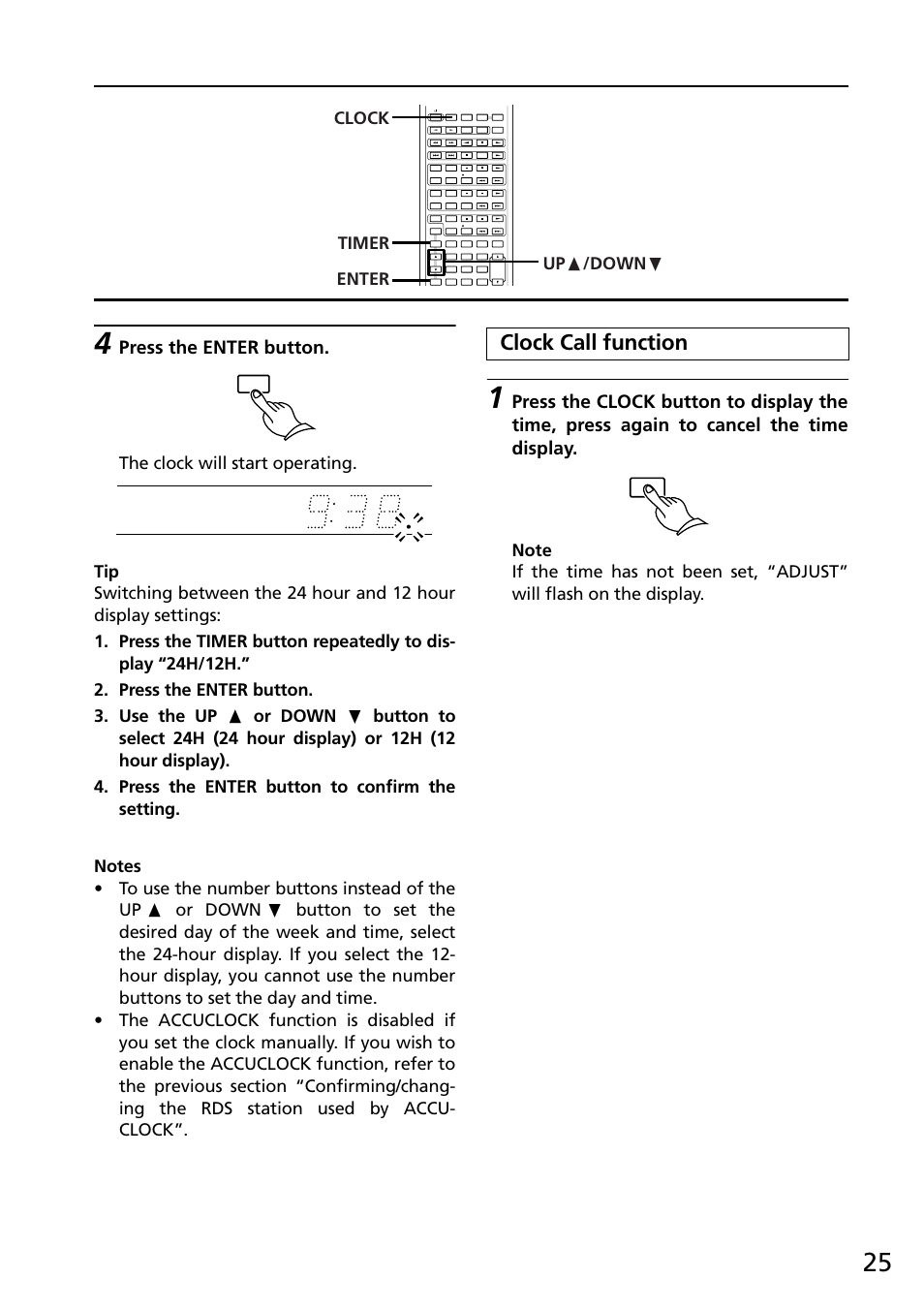 Clock call function, Press the enter button, Timer clock up π /down † enter | Onkyo R-805X User Manual | Page 25 / 52