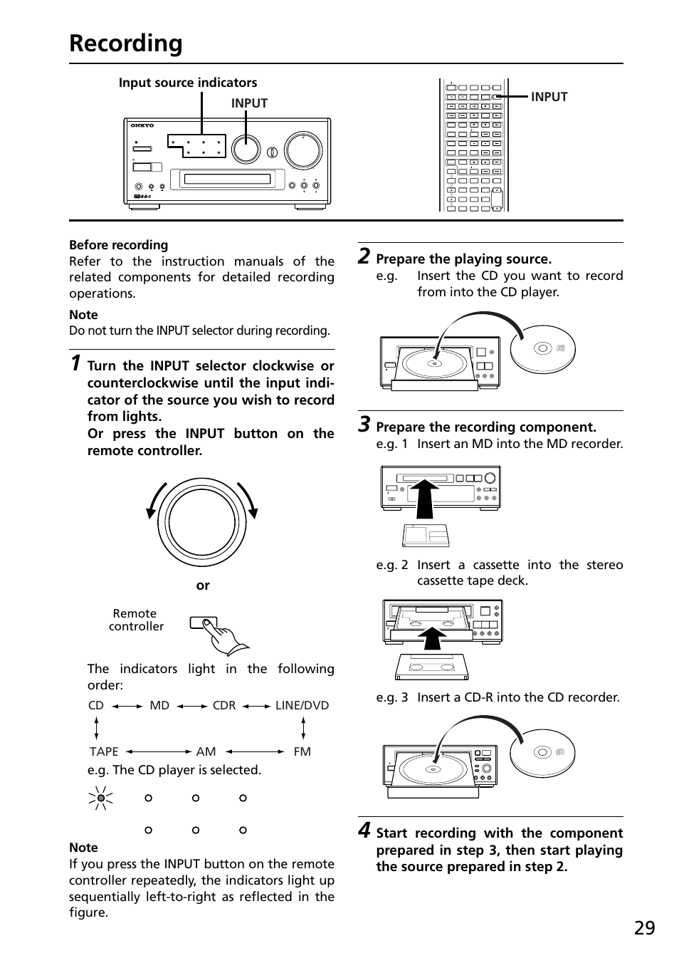 Recording, Before recording, Prepare the playing source | Prepare the recording component, Input, Input source indicators, Remote controller cd md cdr line/dvd tape am fm | Onkyo R-805X User Manual | Page 29 / 52