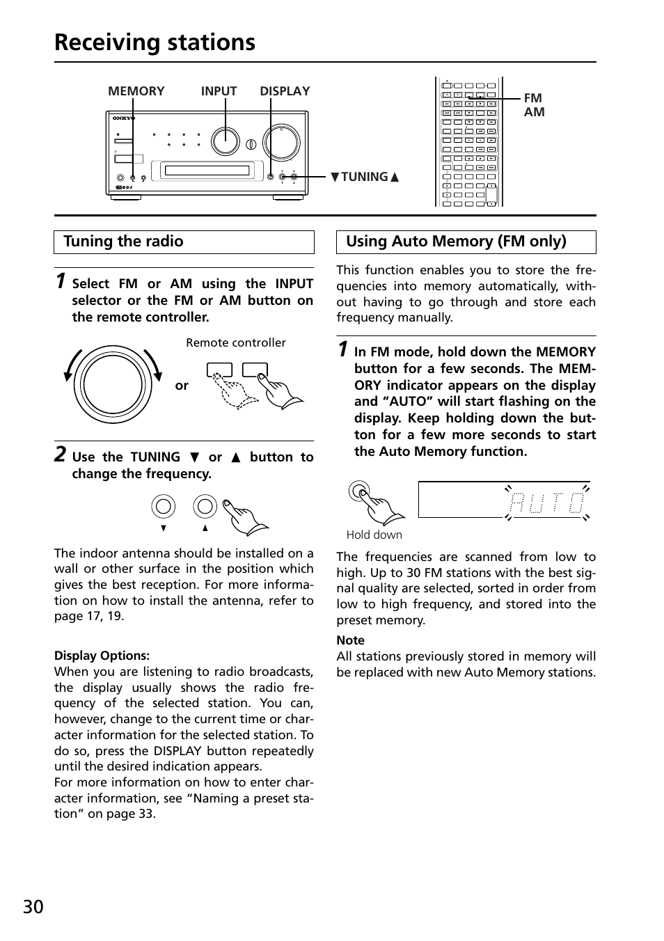 Receiving stations, Tuning the radio, Display options | Using auto memory (fm only), Remote controller, Hold down | Onkyo R-805X User Manual | Page 30 / 52