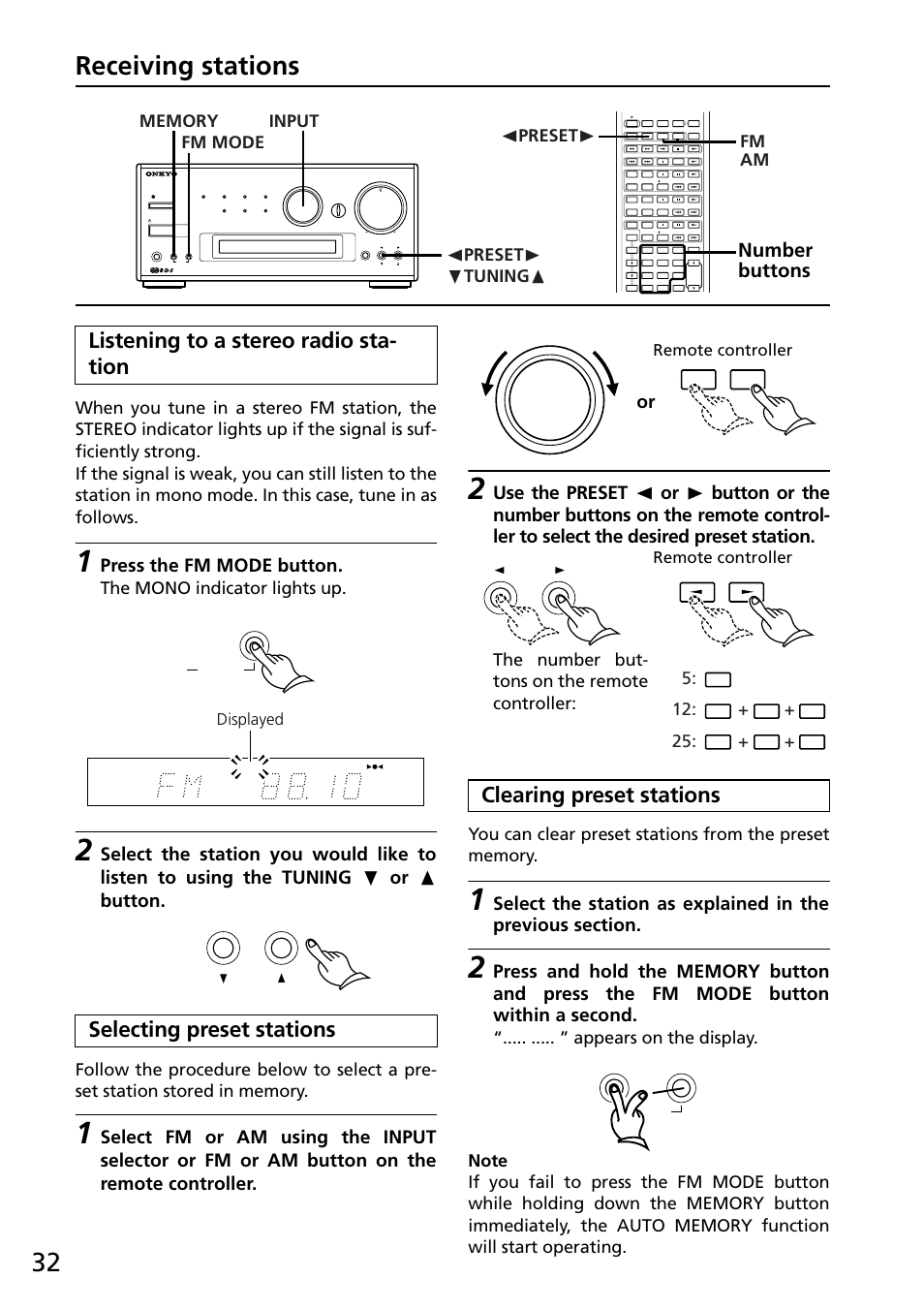 Listening to a stereo radio station, Selecting preset stations, Clearing preset stations | 32 receiving stations, Number buttons, Press the fm mode button, The mono indicator lights up, Displayed, Remote controller | Onkyo R-805X User Manual | Page 32 / 52