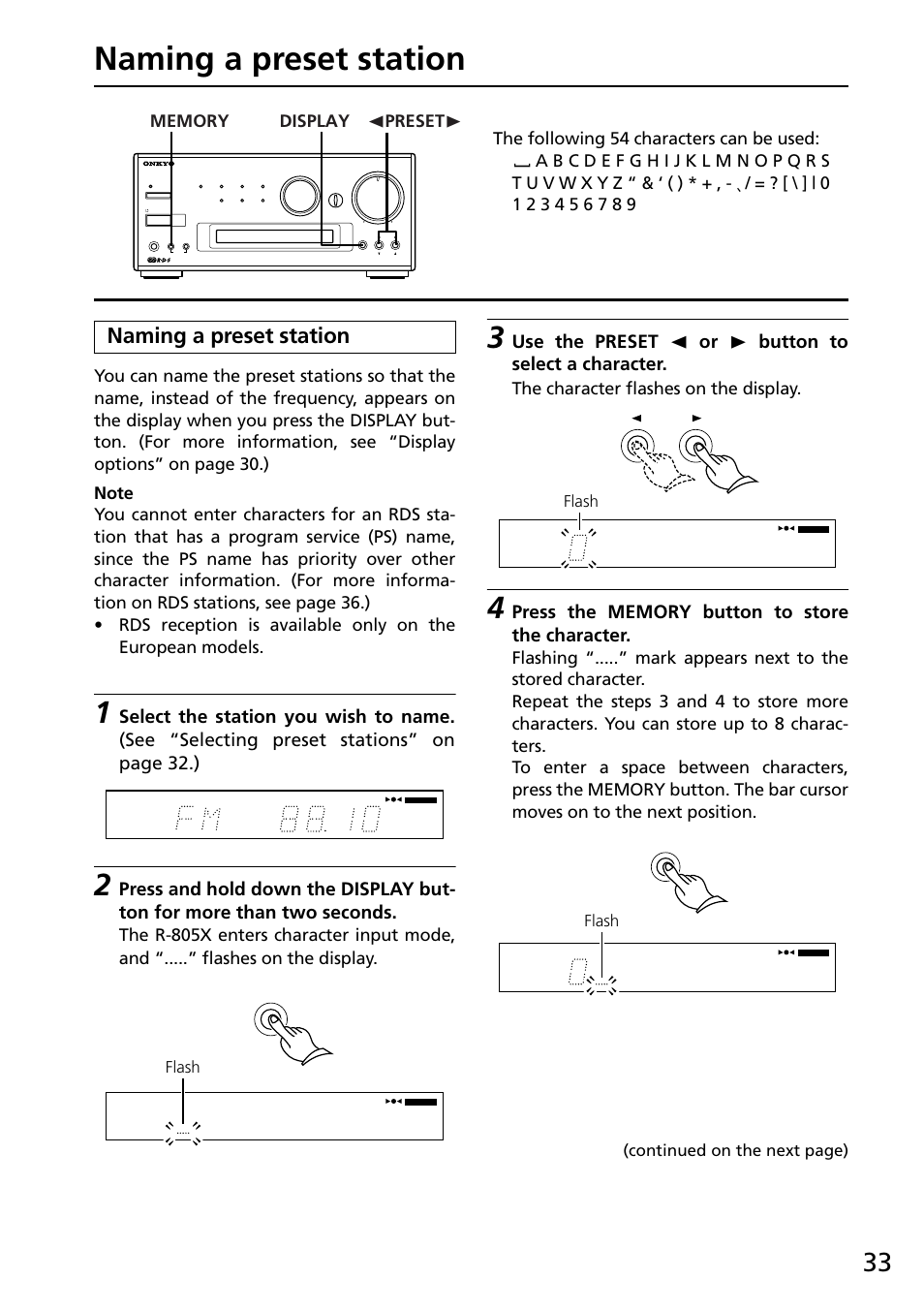 Naming a preset station, Use the preset √ or ® button to select a character, The character flashes on the display | Continued on the next page), Flash | Onkyo R-805X User Manual | Page 33 / 52