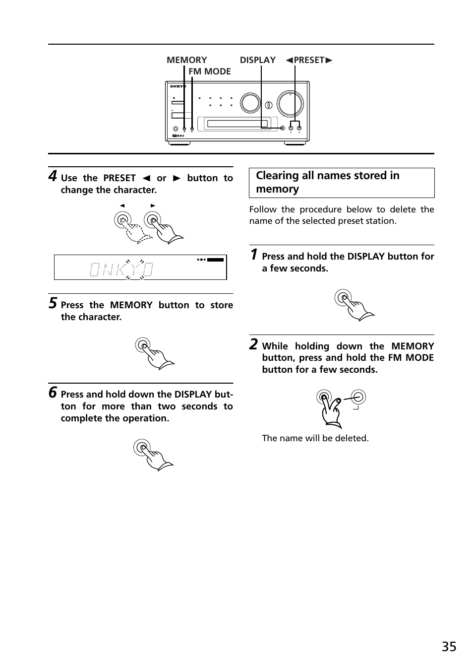 Clearing all names stored in memory, The name will be deleted | Onkyo R-805X User Manual | Page 35 / 52
