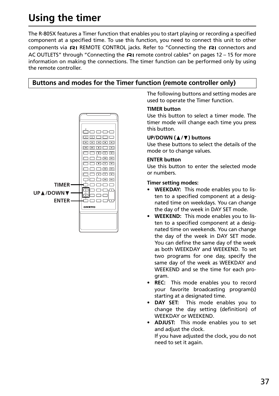 Using the timer, Timer setting modes, Timer up π /down † enter | Onkyo R-805X User Manual | Page 37 / 52