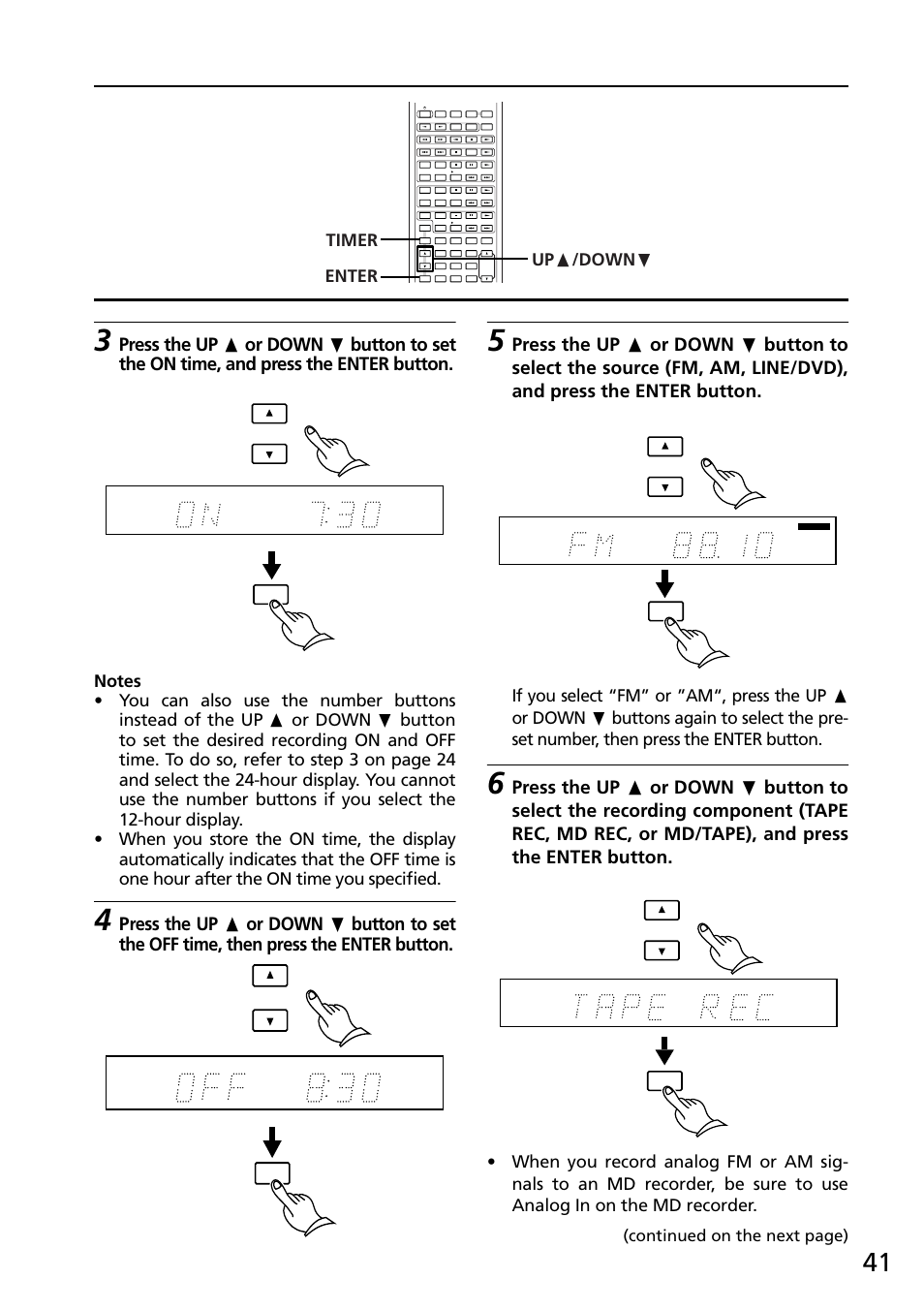 Timer up π /down † enter, Continued on the next page) | Onkyo R-805X User Manual | Page 41 / 52