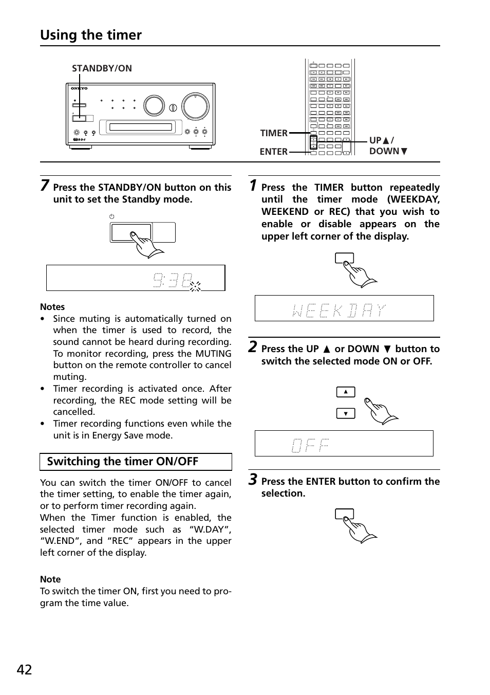 Switching the timer on/off, 42 using the timer, Press the enter button to confirm the selection | Standby/on, Timer up π / down † enter | Onkyo R-805X User Manual | Page 42 / 52