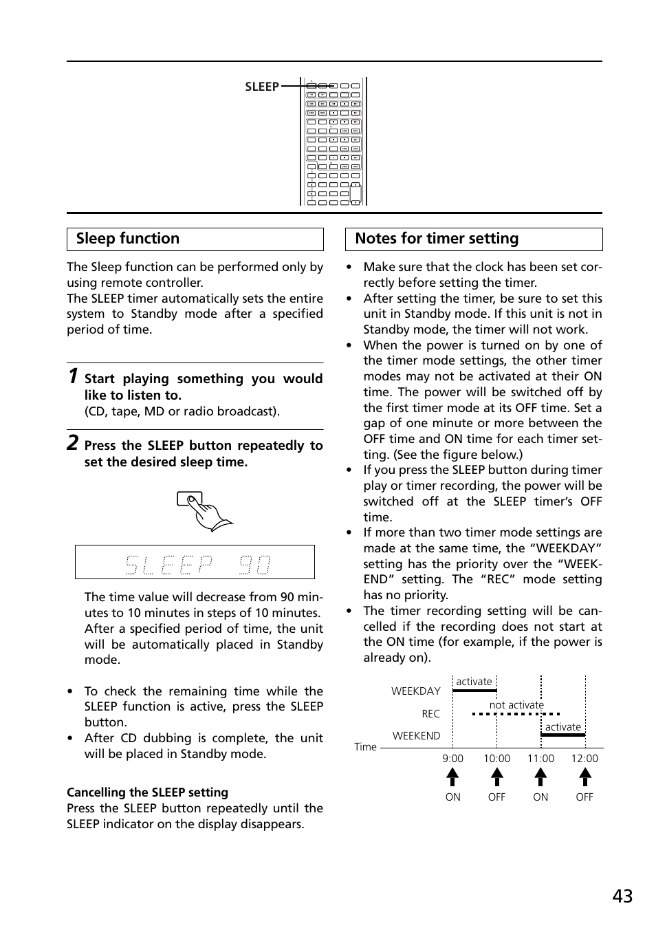 Sleep function, Cancelling the sleep setting, Notes for timer setting | Cd, tape, md or radio broadcast) | Onkyo R-805X User Manual | Page 43 / 52
