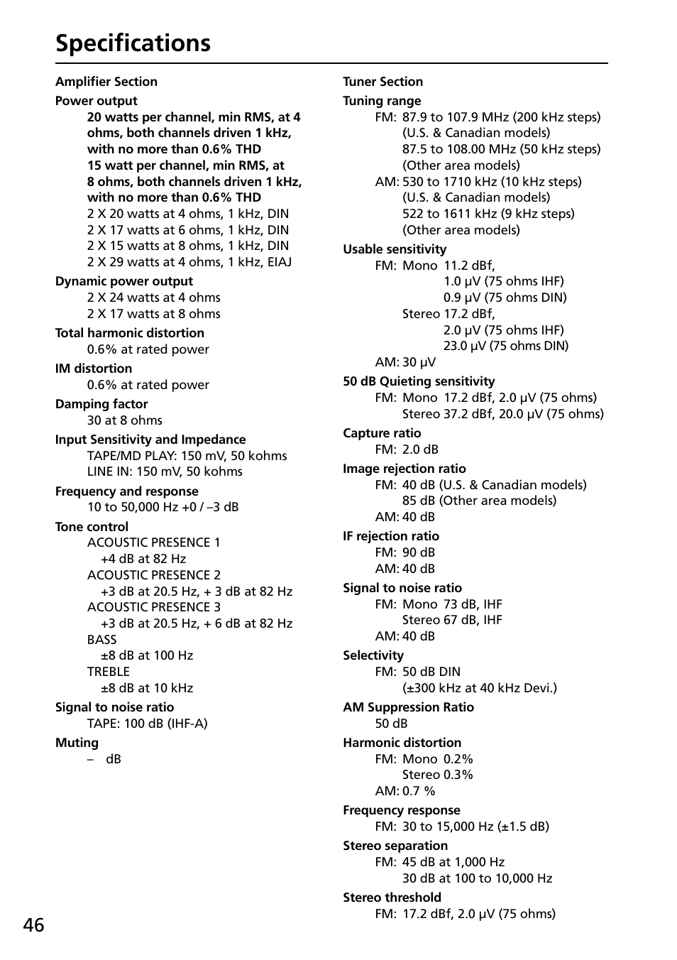 Specifications, Amplifier section, Tuner section | Onkyo R-805X User Manual | Page 46 / 52