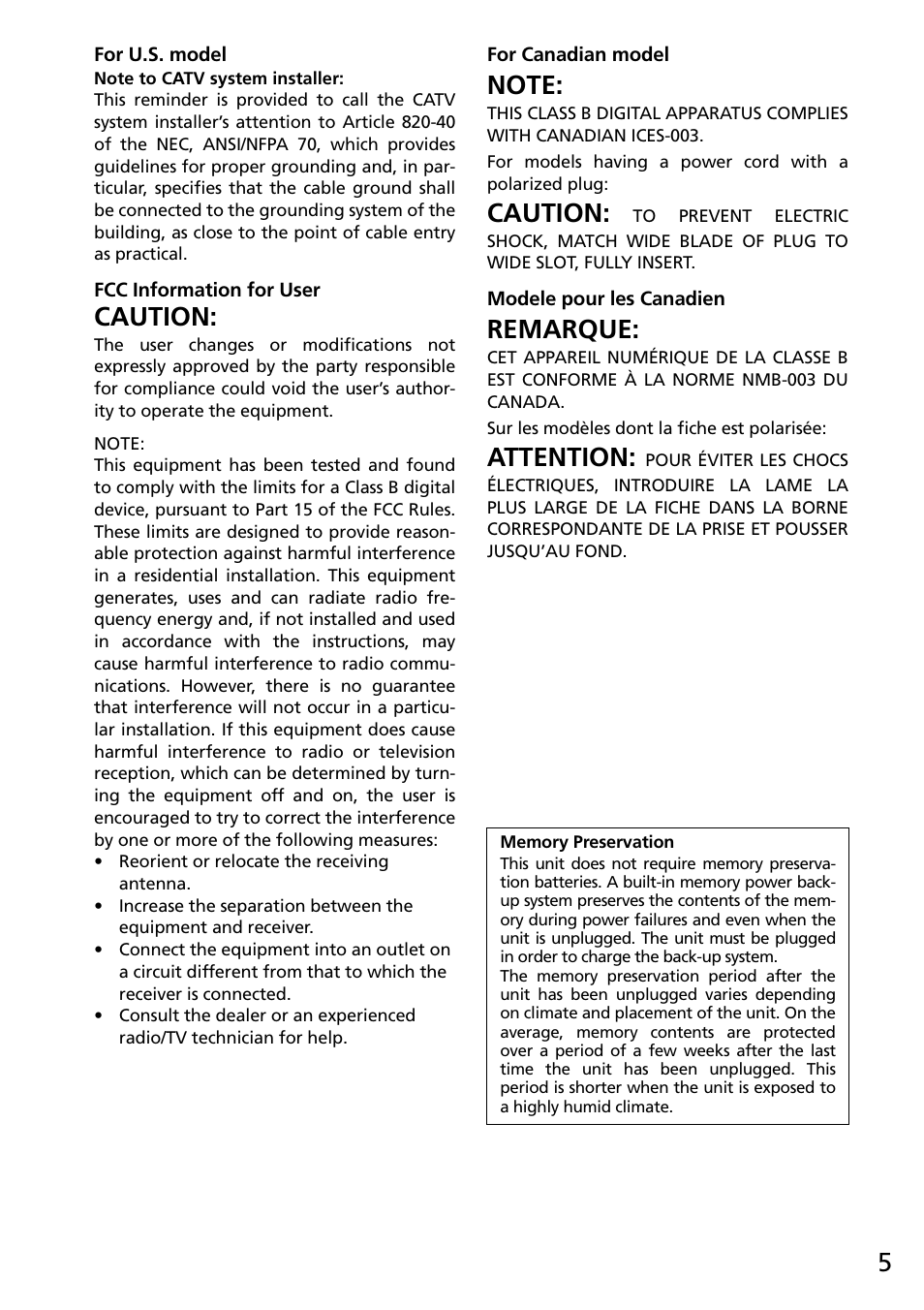 For u.s. model, Fcc information for user, For canadian model | Modele pour les canadien, Caution, Remarque, Attention | Onkyo R-805X User Manual | Page 5 / 52